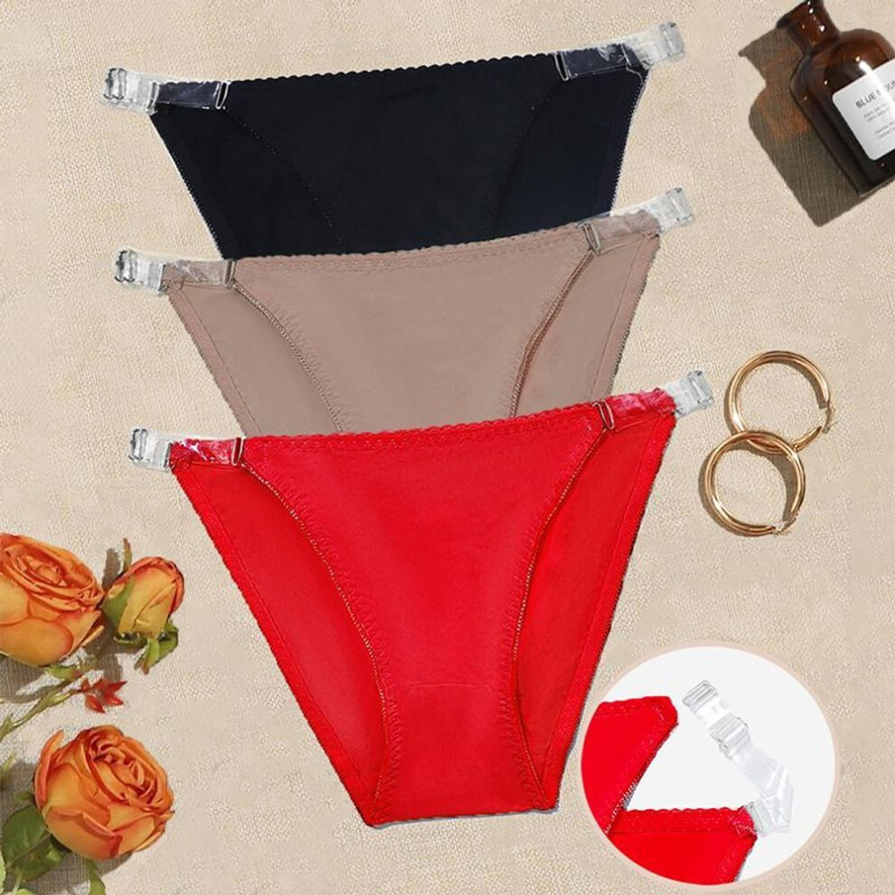 (as the picture, XL) 3Pcs Women Plain Simple Panties Thong with Adjustable Side Opening Transparent Strap S M L Xl