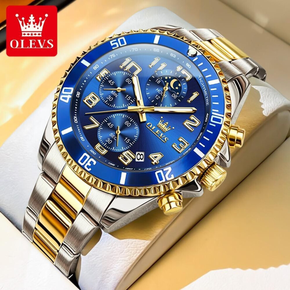 (gold,blue) Olevs Men Watch Luxury Brand Gold Quartz Watch New Three Small Dial Waterproof Moonphase Timing Code Watch Sport Men Watch