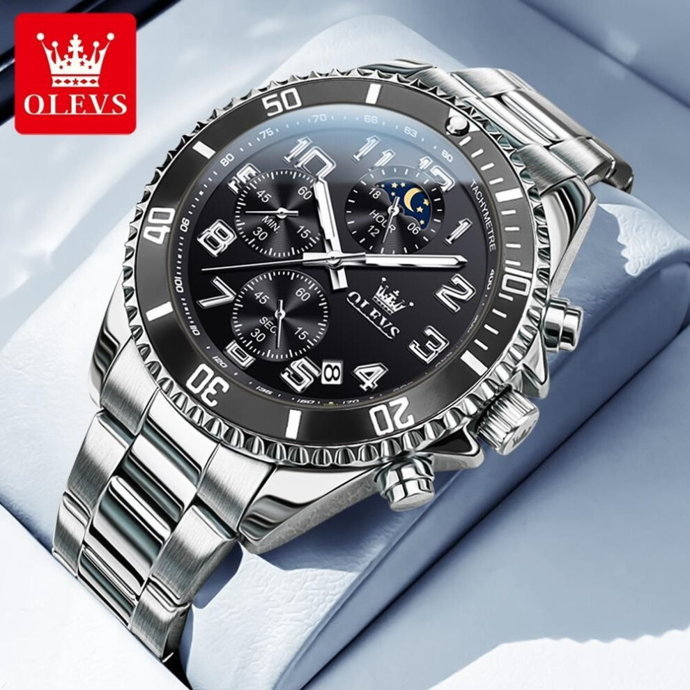 (silver,black) OLEVS Men Watch Luxury Brand Gold Quartz Watch New Three Small Dial Waterproof Moonphase Timing Code Watch Sport Men Watch