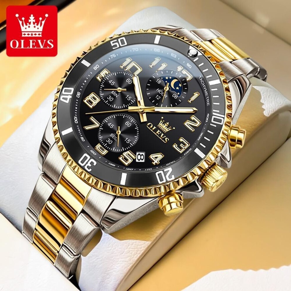 (gold,black) Olevs Men Watch Luxury Brand Gold Quartz Watch New Three Small Dial Waterproof Moonphase Timing Code Watch Sport Men Watch