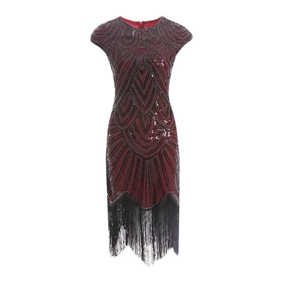 (burgundy, Small) 1920s Retro European & American Sequin Tassel Braided Dress