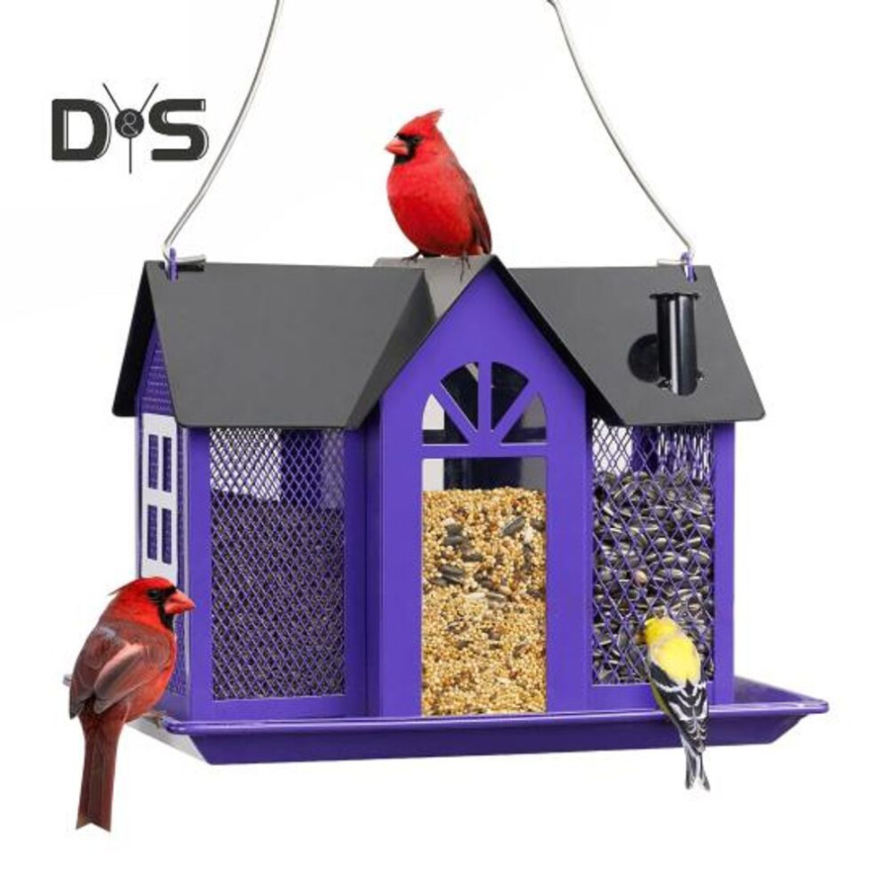 (purple) Garden Hanging House Bird Feeder 3 Compartments Large Capacity Outdoor Yard Decoration Outside Metal Squirrel Hummingbird Feeding Device