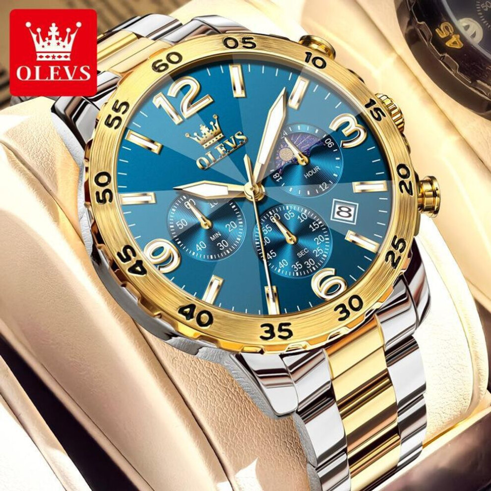 (gold,blue) Olevs Men Watch Luxury Original Automatic Date Stainless Steel Waterproof Moonphase Chronograph Top Brand Men Quartz Watch