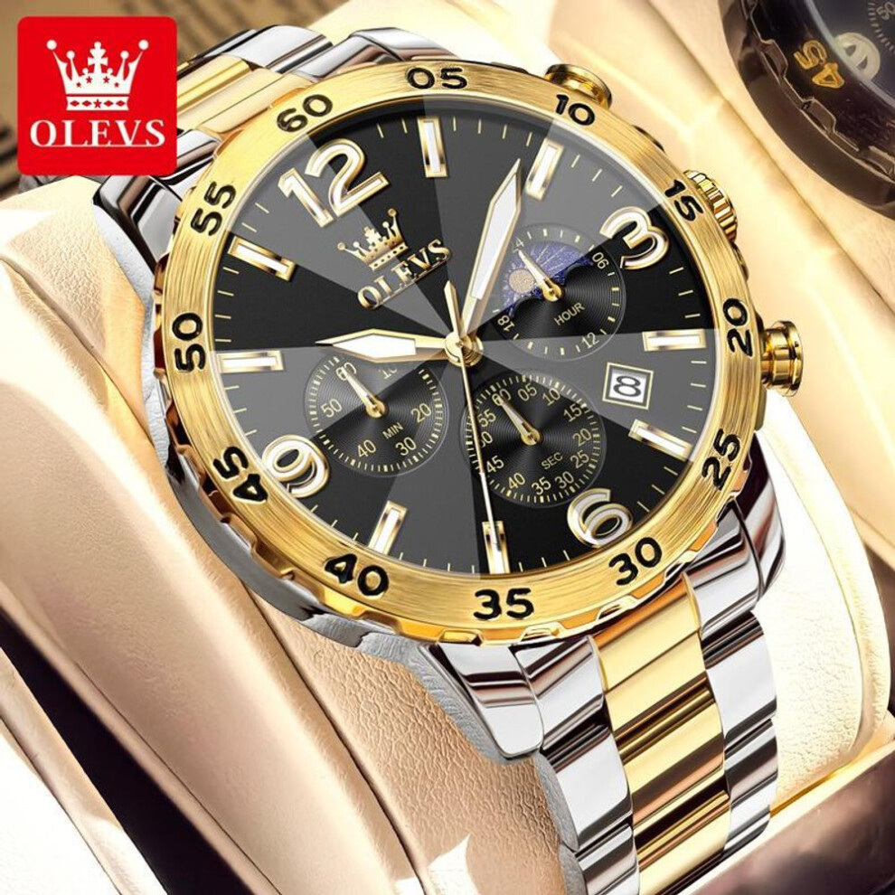 (gold,black) OLEVS Men Watch Luxury Original Automatic Date Stainless Steel Waterproof Moonphase Chronograph Top Brand Men Quartz Watch