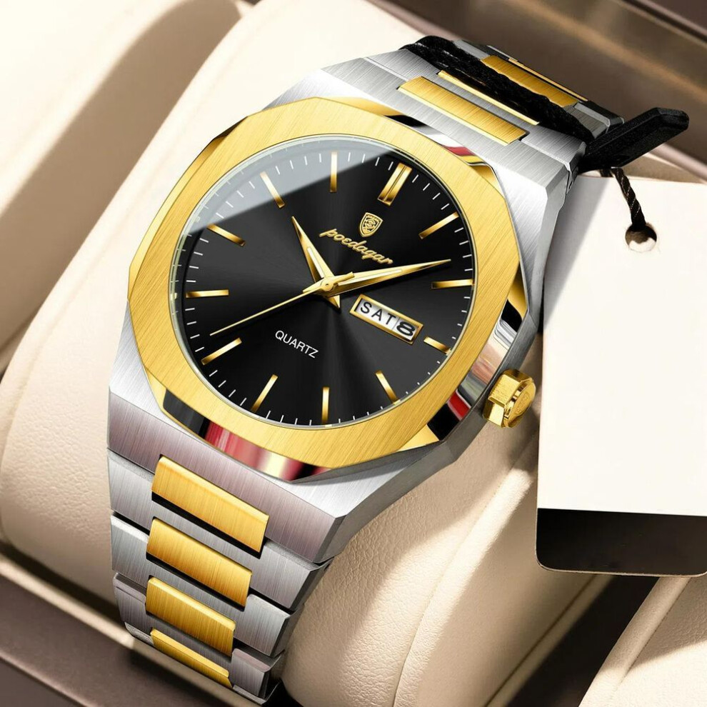 (gold,black) Poedagar Top Luxury Men Clock Waterproof Luminous Calendar Week Man Wristwatch Sports Stainless Steel Quartz Men's Watches