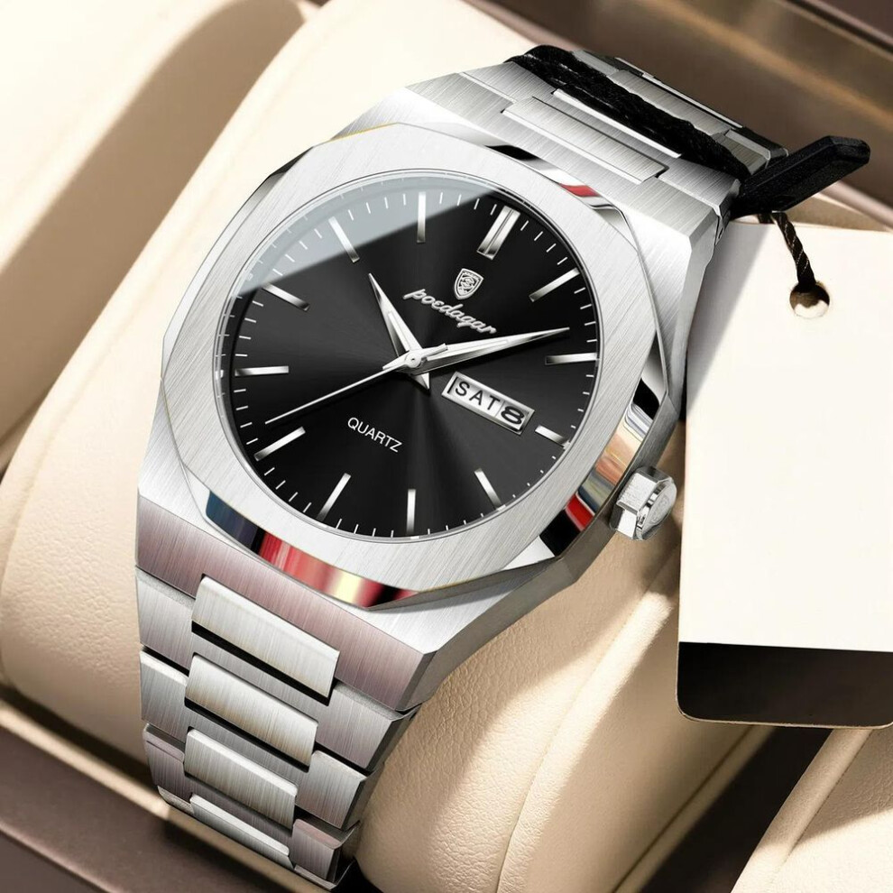 (silver,black) POEDAGAR Top Luxury Men Clock Waterproof Luminous Calendar Week Man Wristwatch Sports Stainless Steel Quartz Men's Watches