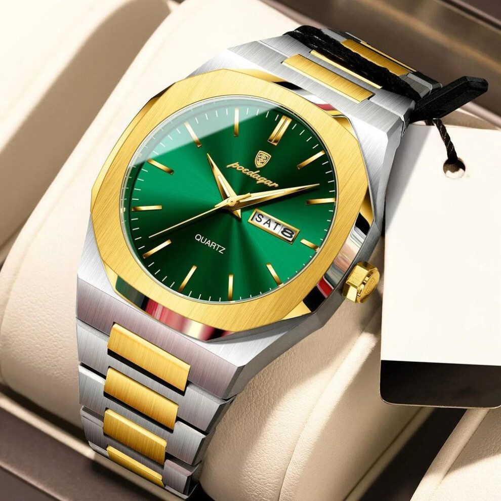 (gold,green) POEDAGAR Top Luxury Men Clock Waterproof Luminous Calendar Week Man Wristwatch Sports Stainless Steel Quartz Men's Watches