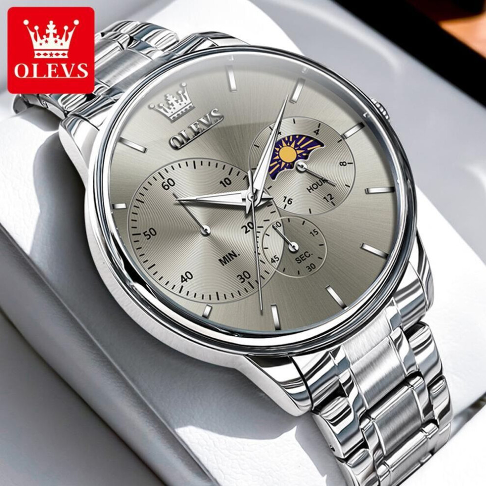 (grey) Olevs Mens Watch Simple Casual Original Quartz Watch For Men Waterproof Luminous Stainleess Steel Moon Phase Men Gifts