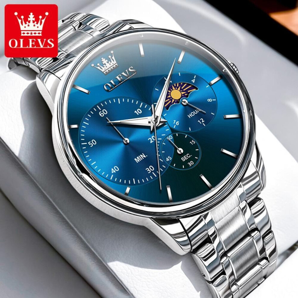 (blue) Olevs Mens Watch Simple Casual Original Quartz Watch For Men Waterproof Luminous Stainleess Steel Moon Phase Men Gifts