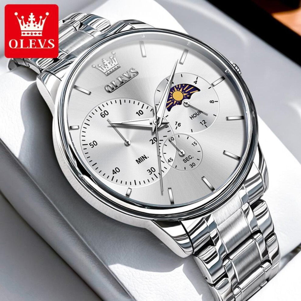 (silver,white) OLEVS Mens Watch Simple Casual Original Quartz Watch For Men Waterproof Luminous Stainleess Steel Moon Phase Men Gifts