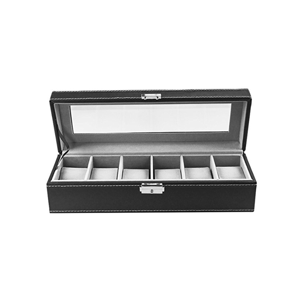 6 fentes en cuir Pu boîte de montre vitrine organisateur verre bijoux stockage-couche unique