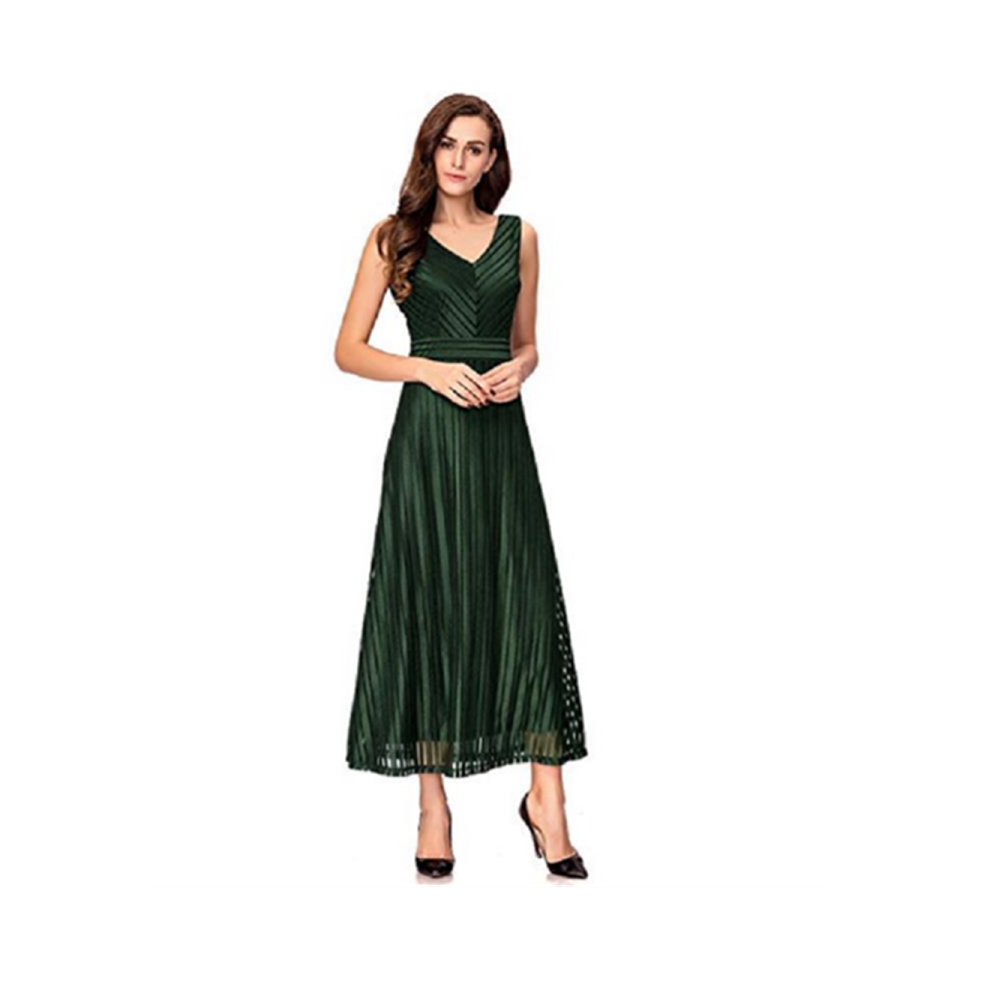 (VERT, XL) Femmes Col en V Élégant Rayé Longue Cocktail Soirée De Mariage Robe Formelle Vin Rouge Xl