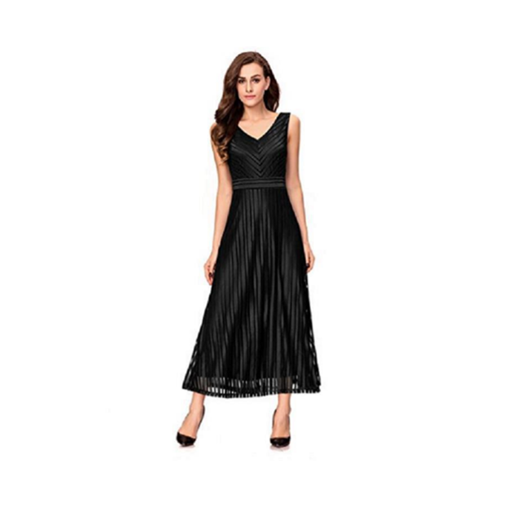 (NOIR, 2XL) Femmes Col En V Élégant Rayé Longue Cocktail Soirée De Mariage Robe Formelle Vin Rouge Xl