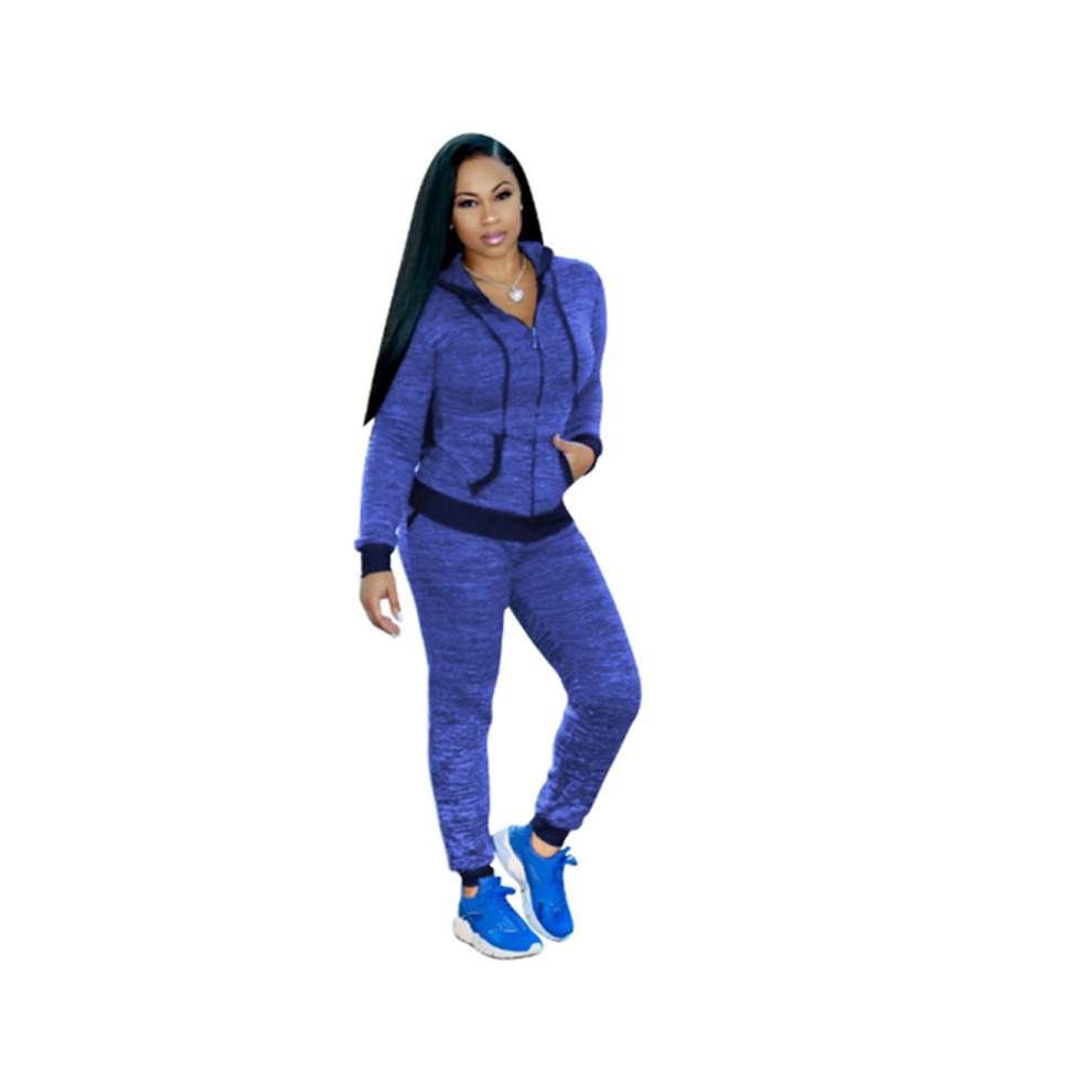 Ensemble 2 pièces pour femme, pantalon décontracté, vêtements de sport, patchwork, manches longues, capuche, costume, bleu, M
