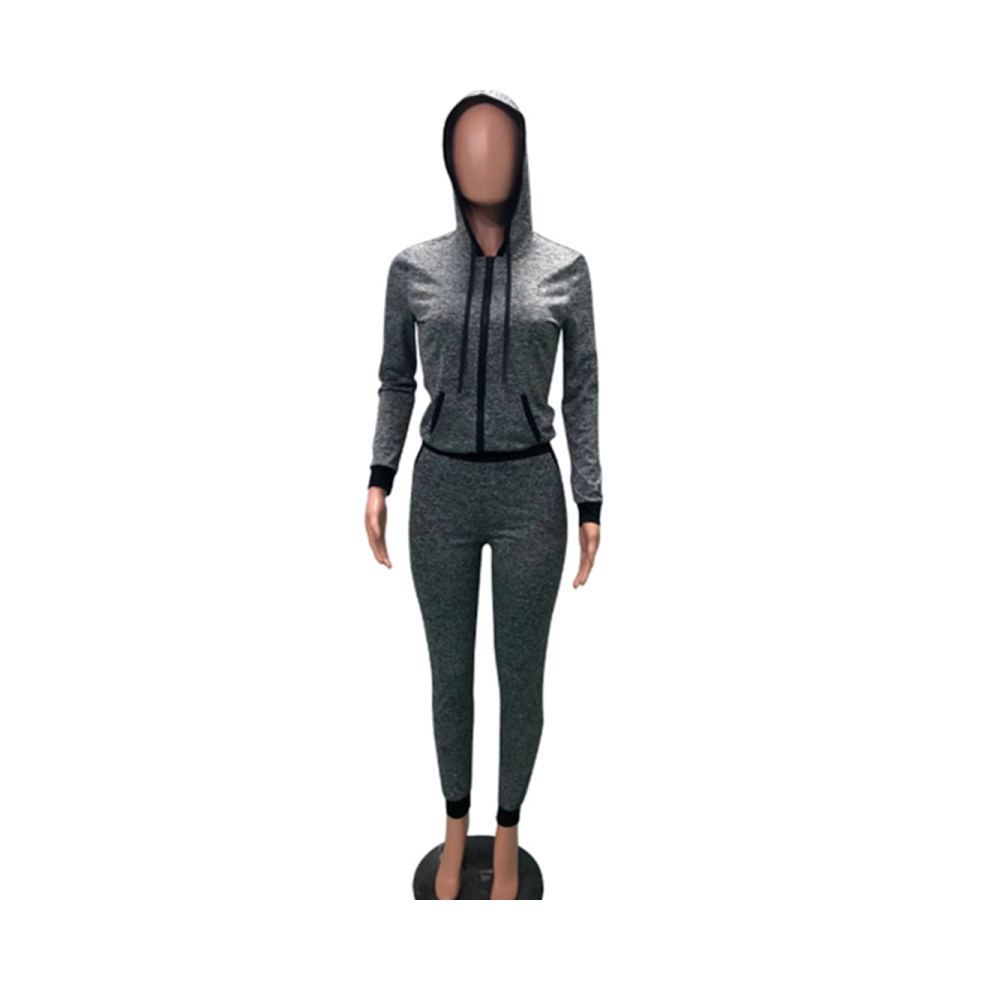 Ensemble 2 pièces pour femme, pantalon décontracté, vêtements de sport, patchwork, manches longues, capuche, costume, gris, L