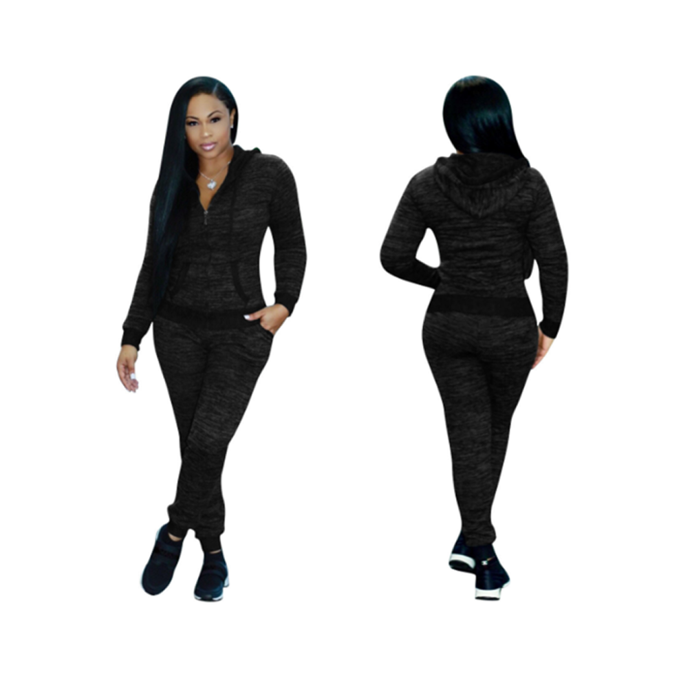 Ensemble 2 pièces pour femme, pantalon décontracté, vêtements de sport, patchwork, manches longues, capuche, costume, noir, L