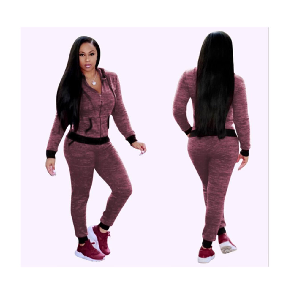 Ensemble 2 pièces pour femme, pantalon décontracté, vêtements de sport, patchwork, manches longues, capuche, costume Jujube rouge M
