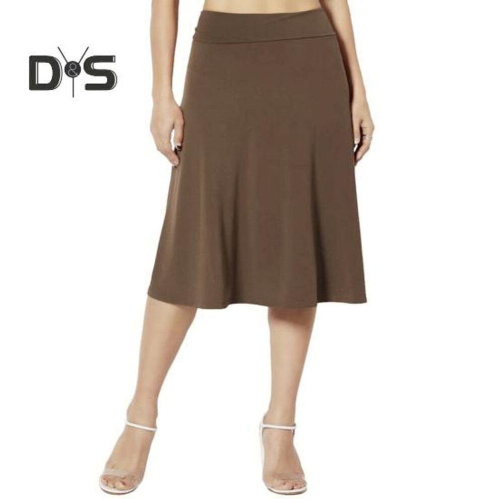 (S, tan) Women Midi Skirt Solid Color A-line Flared Skirt Elastic High Waist Slimming Office Skirt Comfortable All-day Wear