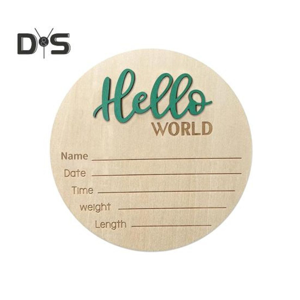 (green) Wooden Baby Birth Announcement Sign Hello World Newborn Welcome Sign Name Date Time Weight Recording Round Plaque New Parents Gift