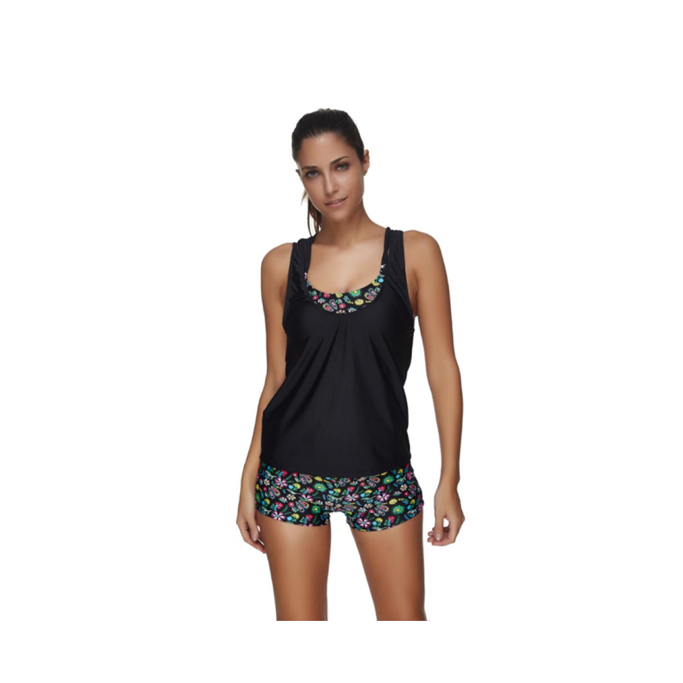 (M) Maillot de bain tankini imprimé soutien-gorge de sport pour femmes, gilet noir avec maillot de bain trois pièces - 1 Xl