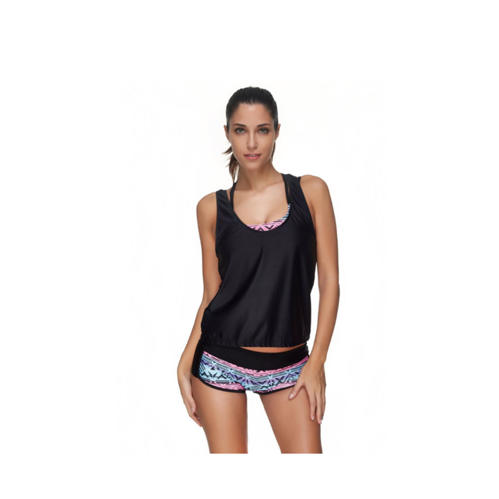 (2XL) Maillot de bain tankini imprimé soutien-gorge de sport pour femmes, gilet noir avec maillot de bain trois pièces - 3 Xl