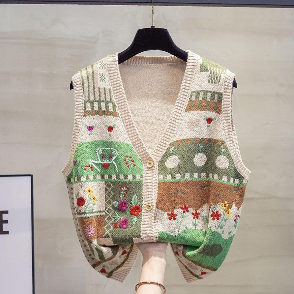 (khaki, M) V-neck Knitted Cardigan Vest Vest Women's Autumn Loose Outer Wear Vest Graffiti Wool Waistcoat