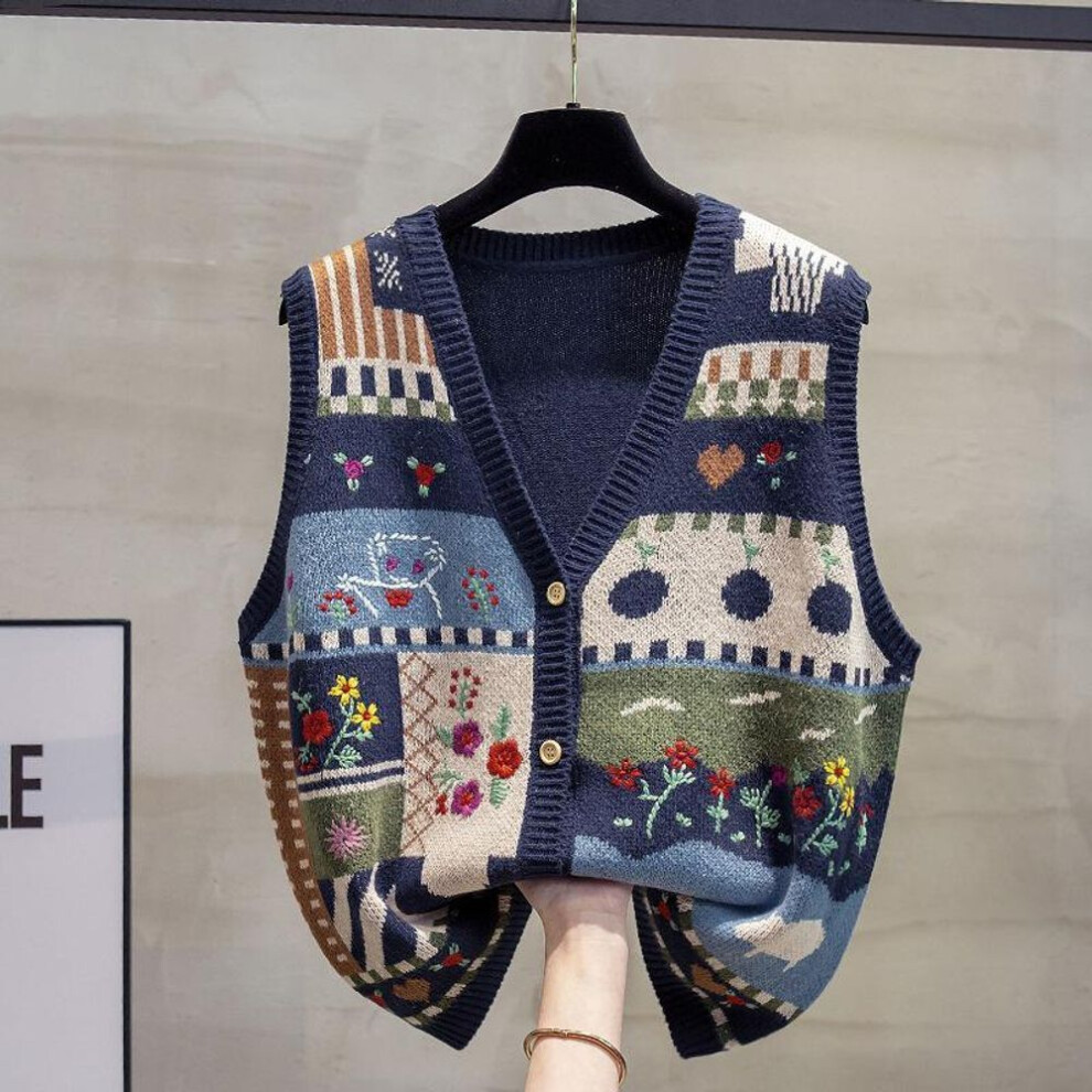 (navy blue, XL) V-neck Knitted Cardigan Vest Vest Women's Autumn Loose Outer Wear Vest Graffiti Wool Waistcoat