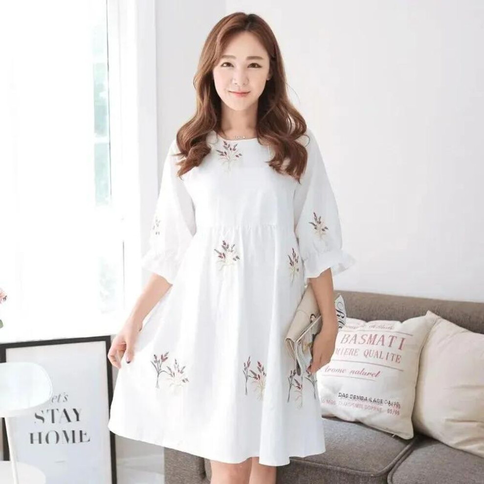 (white, XXXL) Summer Dress Three-quarter Sleeves Large Size Mid-length Korean Style Small Floral Loose Maternity Dress