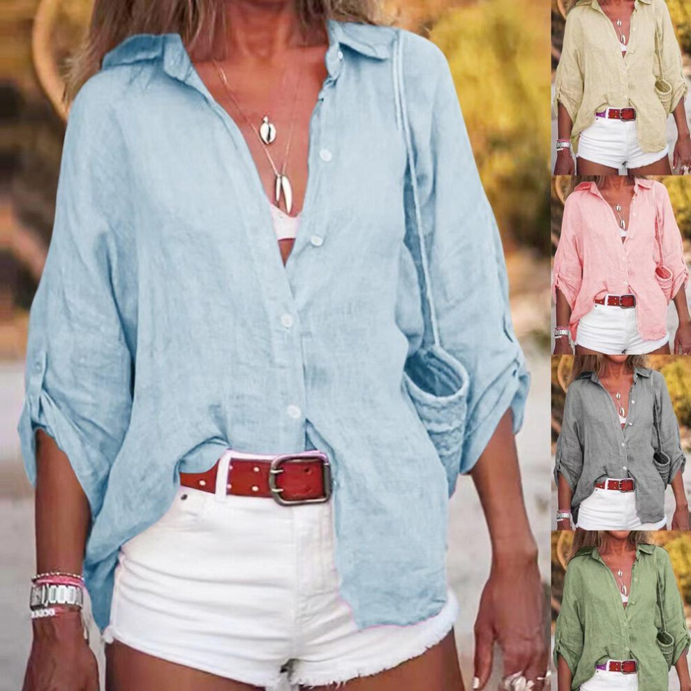 (XL, light blue) Summer Women's Cotton Linen Blouse Shirts Women Solid Color Short Sleeve Buttons Cardigan Office Tops Vintage Streetwear Clothes