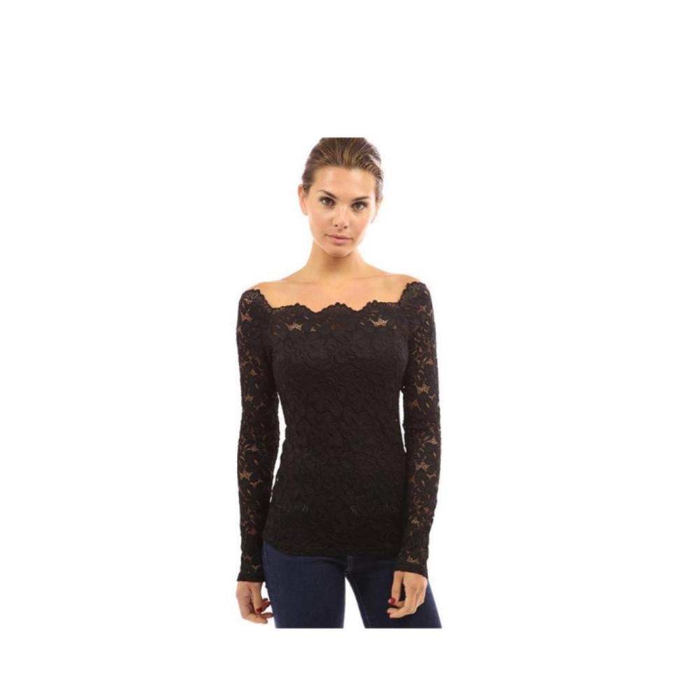 (3XL manches longues) femmes épaules dénudées dentelle florale haut Crochet T-Shirt noir Xl manches courtes