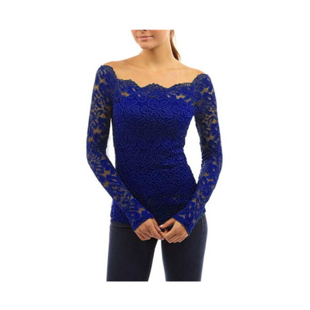 (2XL manches longues) femmes épaules dénudées dentelle florale haut Crochet T-Shirt bleu foncé Xl manches courtes