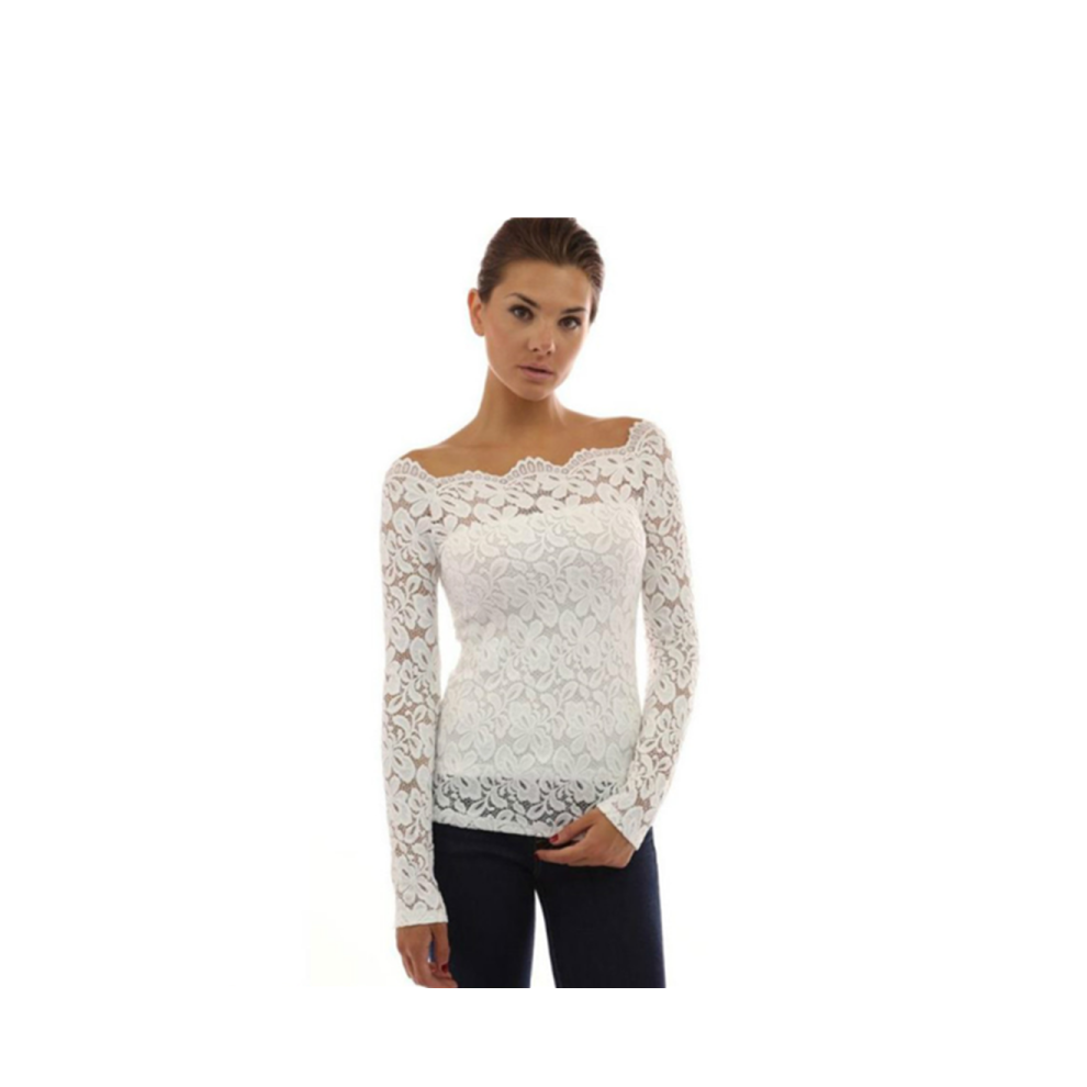 (3XL manches longues) femmes épaules dénudées dentelle florale haut Crochet T-Shirt blanc Xl manches courtes