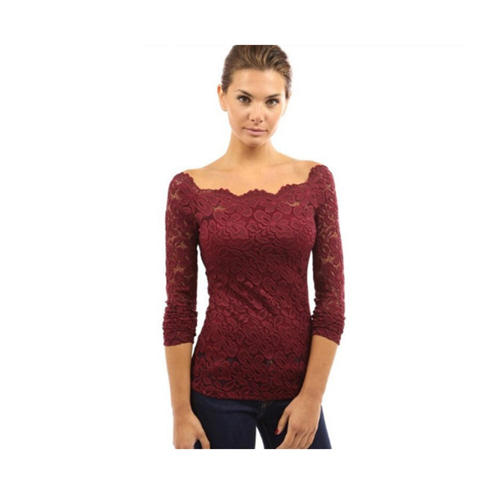 (2XL manches longues) femmes épaules dénudées dentelle florale haut Crochet T-Shirt vin rouge Xl manches courtes