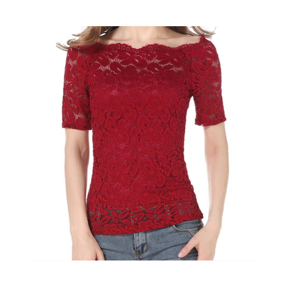 (2XL manches courtes) femmes épaules dénudées dentelle florale haut Crochet T-Shirt vin rouge Xl manches courtes
