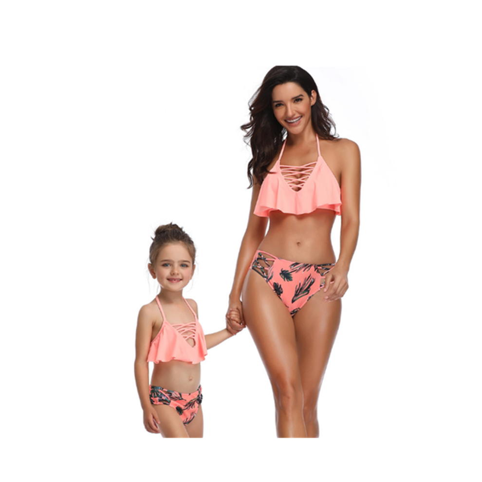 (128) Maillots de bain assortis pour famille avec pompons, bikini maman et fille, orange Xl