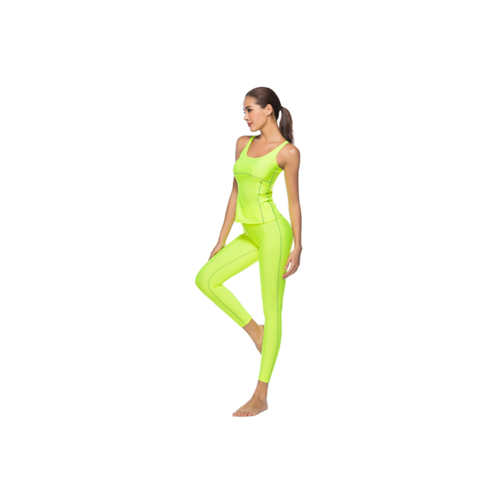 (M) Ensemble de yoga de sport et de loisirs à neuf manches ajusté pour femme Vert fluo Xxl