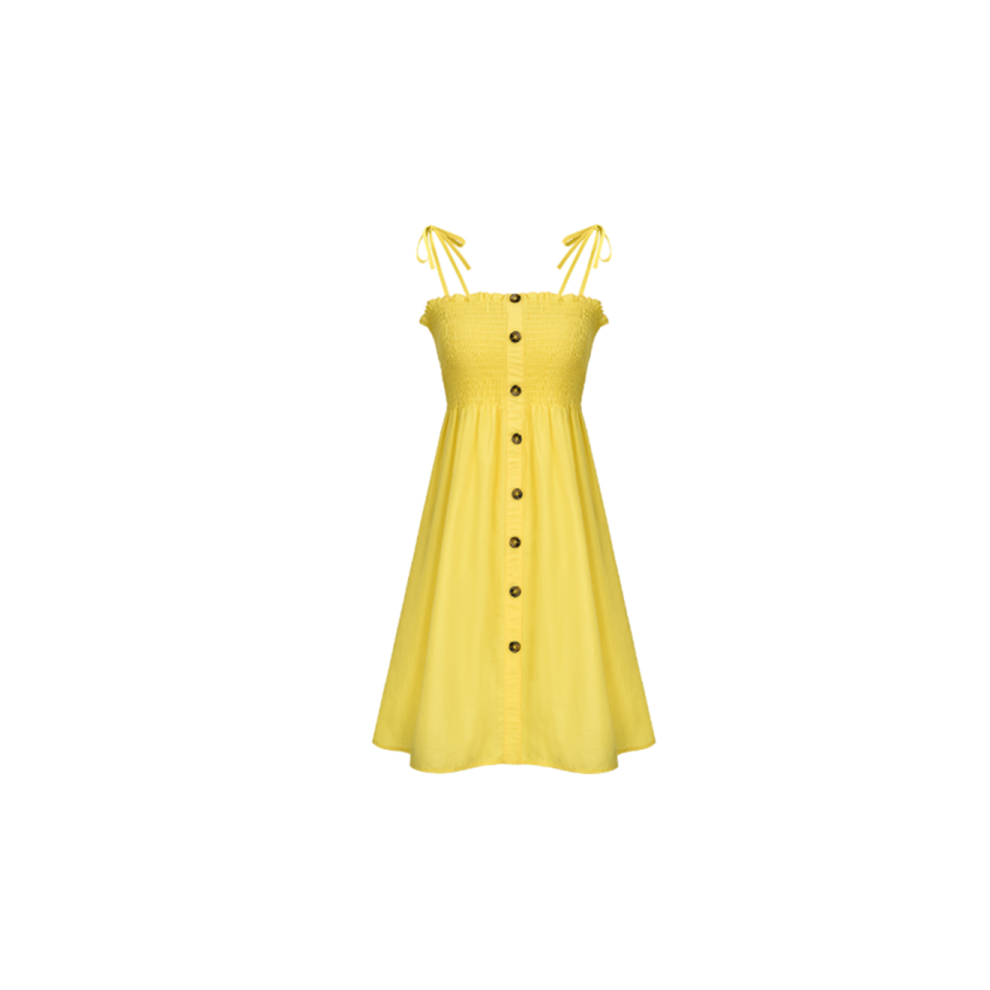 (L) Robes d'été décontractées pour femmes en coton flatteur à bretelles trapèze midi robe d'été jaune Xl