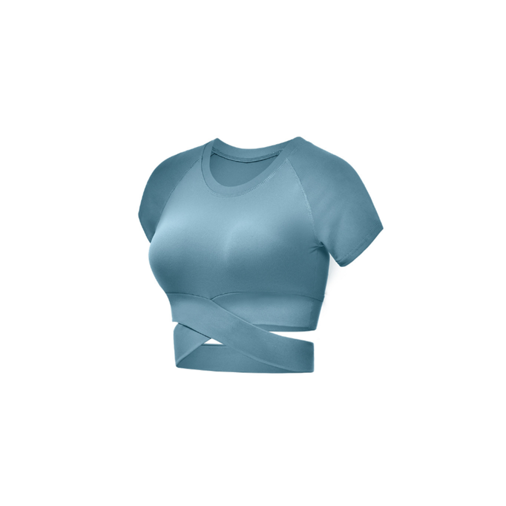 (L) Hauts courts à manches courtes pour femmes, entraînement, yoga, gym, salon, t-shirts, bleu d'eau, S