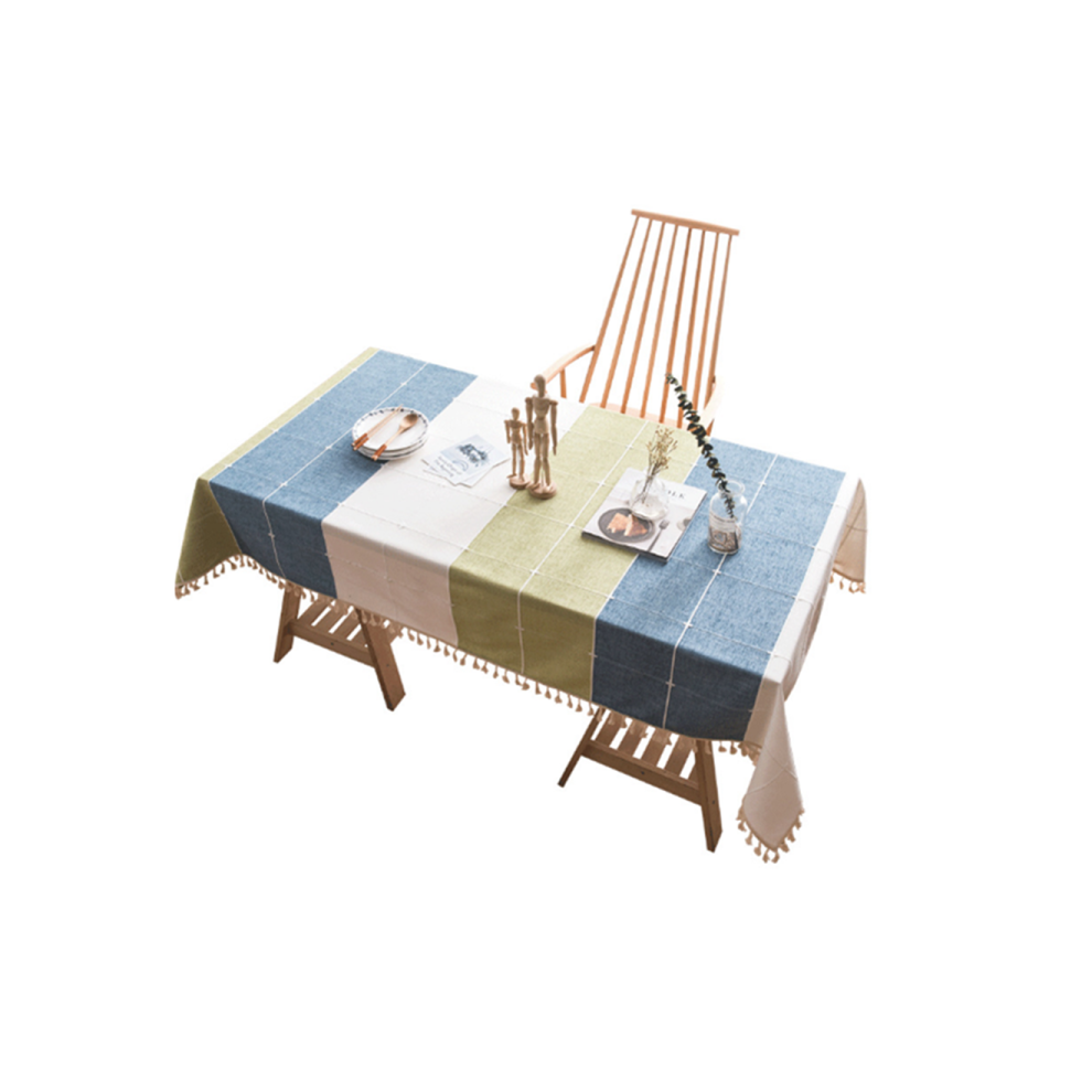 Nappe À Pompons Couverture De Table En Lin De Coton Épais - Blanc Vert Bleu Blanc Vert Bleu 140 * 180 Cm