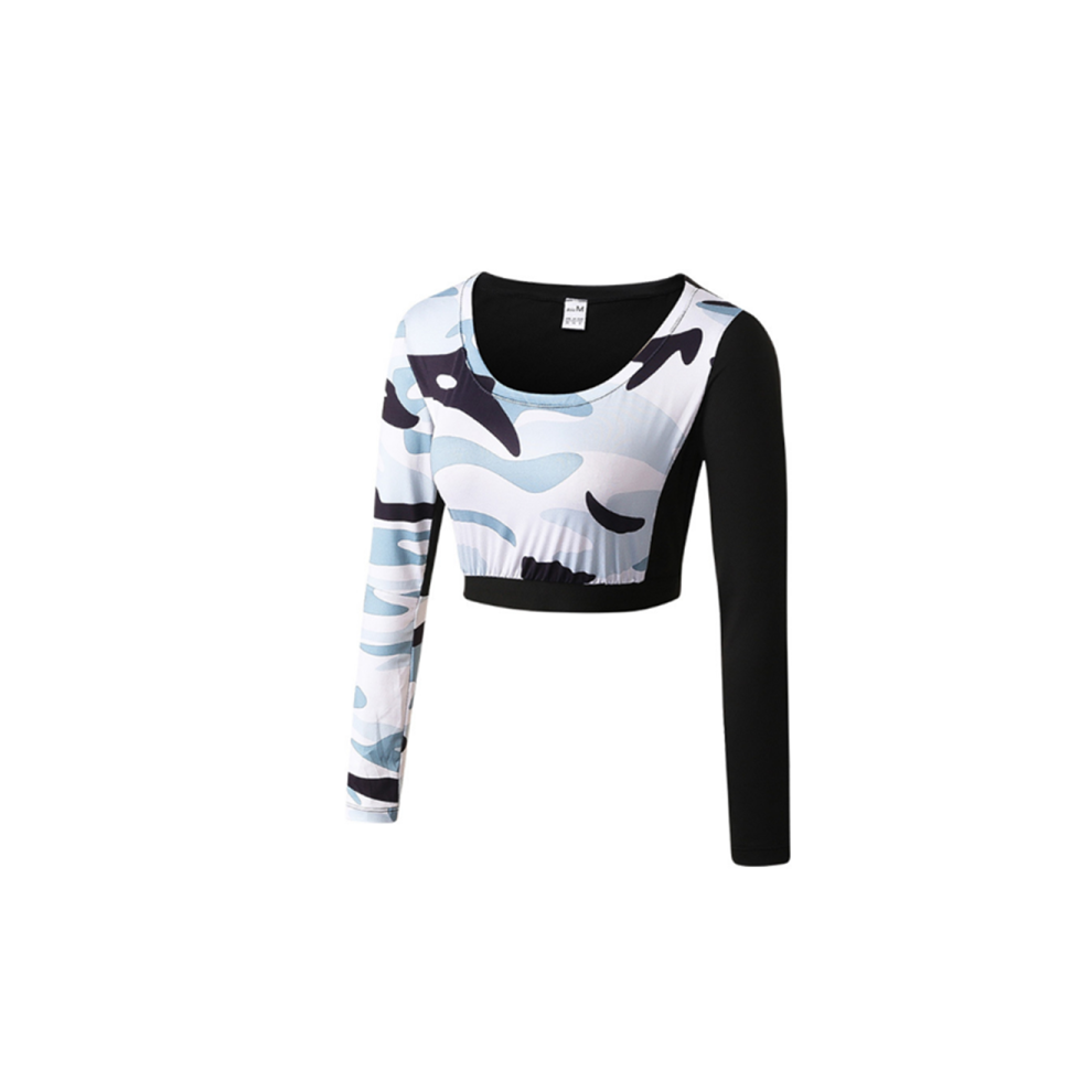 (L) T-shirt de yoga à manches longues pour femme, haut court, collant de course à pied, séchage rapide, blanc, XL