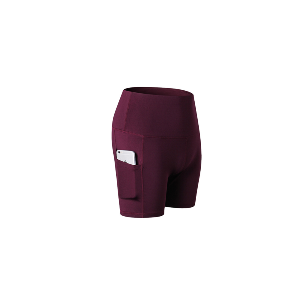 (S) Shorts pour Femmes Short de Yoga d'entraînement Taille Haute Short de Contrôle du Ventre Poche latérale - Vin Rouge Rouge XXL