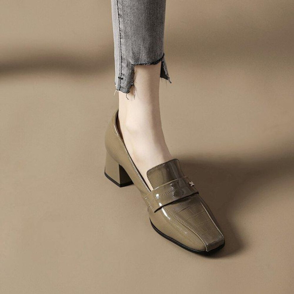 (khaki, 36) 2024 spring new deep-mouth leather women single shoes patent leather loafers thick mid-heeled leather shoes soft leather high-heeled work shoes