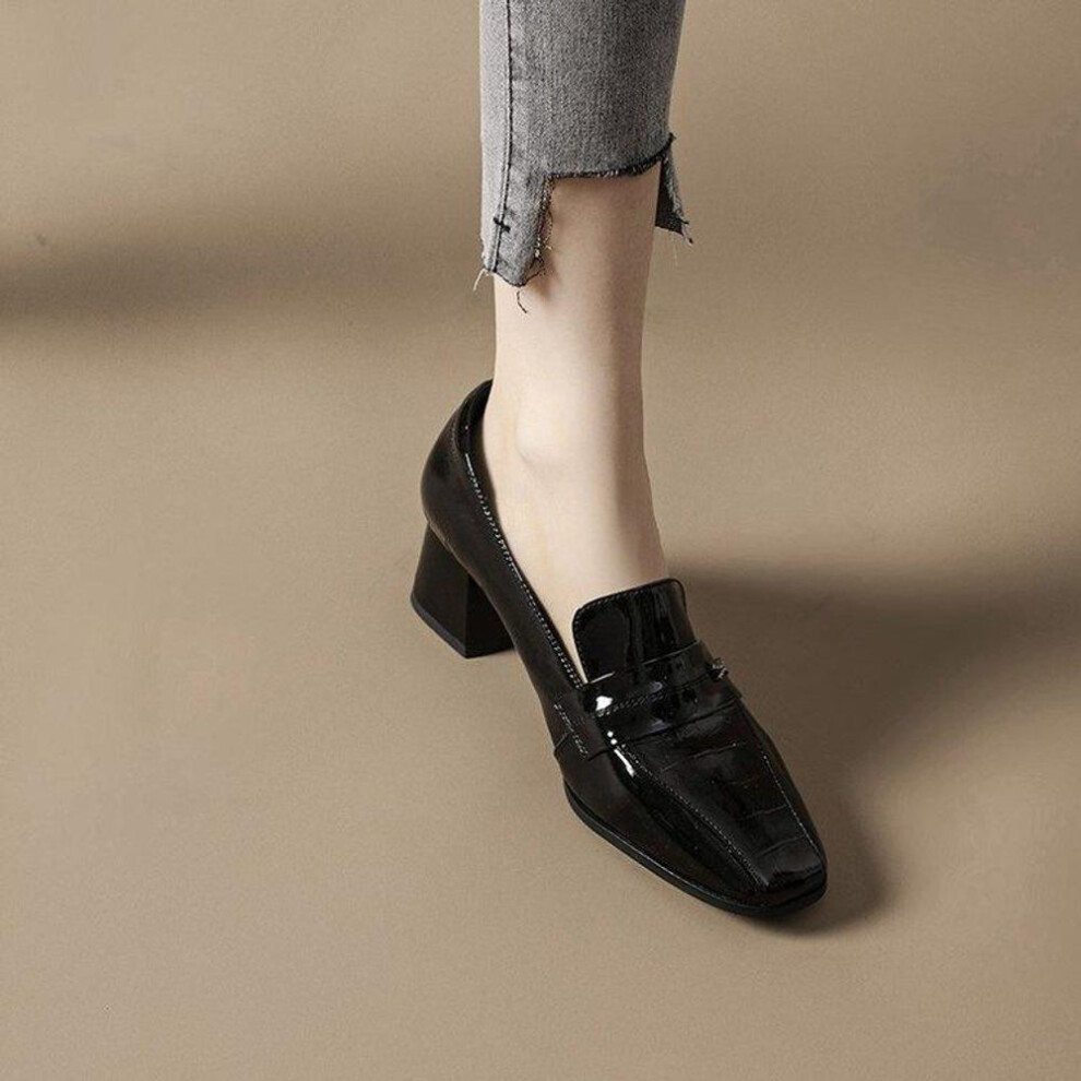 (black, 35) 2024 spring new deep-mouth leather women single shoes patent leather loafers thick mid-heeled leather shoes soft leather high-heeled work shoes
