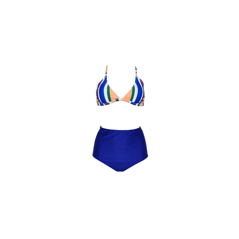 (XL) Ensemble de Maillot de Bain Bikini Imprimé Taille Haute à Col Halter pour Femme - Rayure Bleu Xl