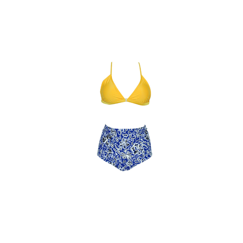 (S) Ensemble De Maillot De Bain Bikini Imprimé Taille Haute Licou Pour Femme - Jaune Jaune Xl