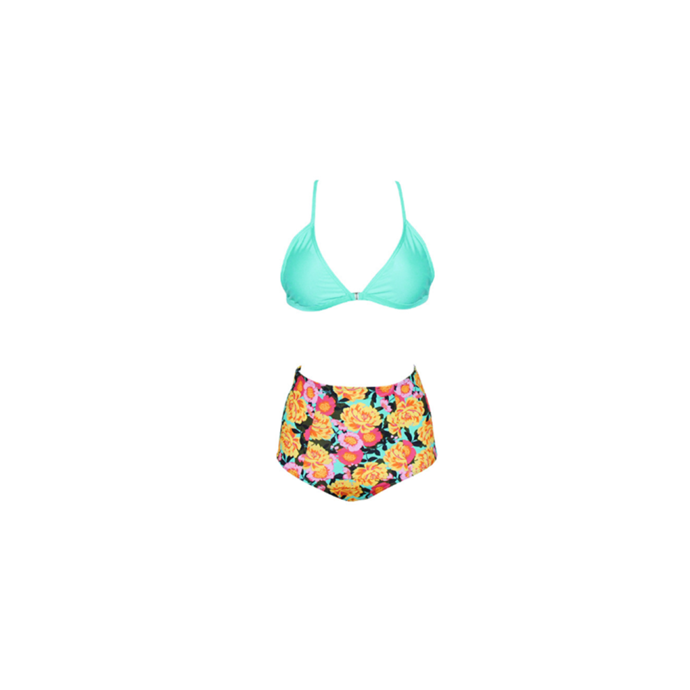 (S) Ensemble De Maillot De Bain Bikini Imprimé Taille Haute Licou Pour Femme - Vert Vert Xl