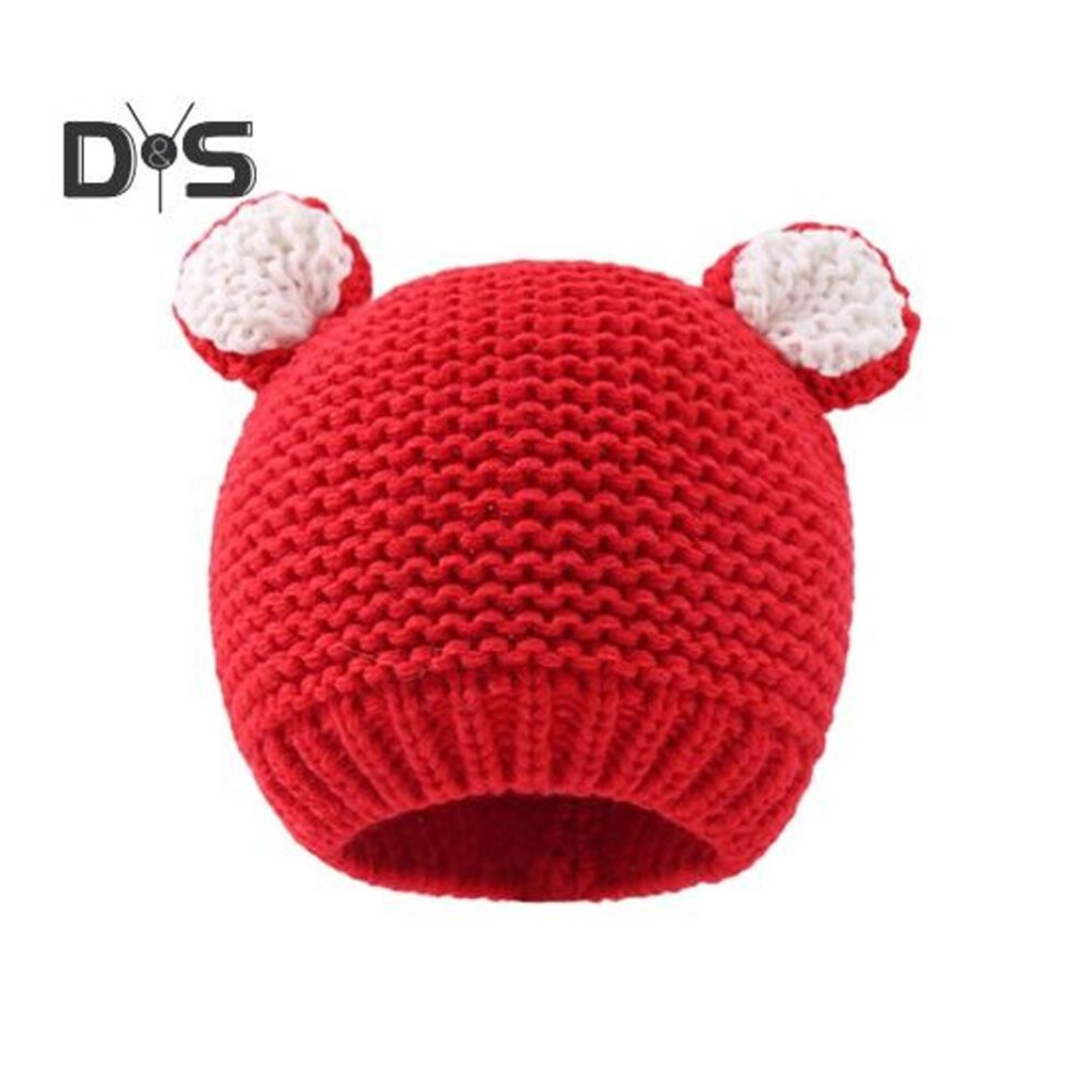 (red) Autumn Winter Children Hat Cartoon Bear Ear Solid Color Knitted Beanie Windproof Warm Elastic Kid Oversized Beanie Hat