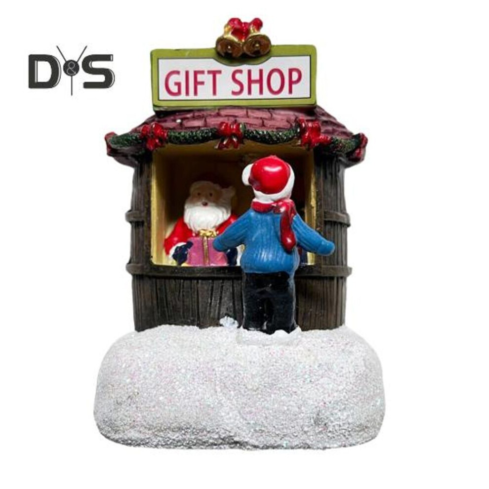 (as the picture, C) Christmas Winter Village House Ornaments Mini Light-up Christmas Shop with Santa Resin Desktop Figurine Holiday Home Decor