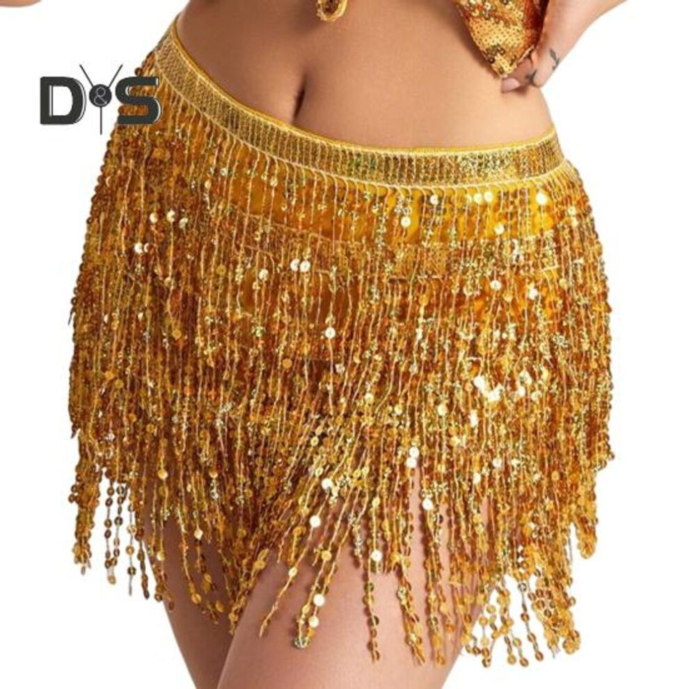 (golden) Women Belly Dance Skirt Chain Tassel Sequin 3-layer Lace-up Bohemian Clubwear Performance Mini Waist Wrap Latin Dance Practice Short Skirt Hip Waist