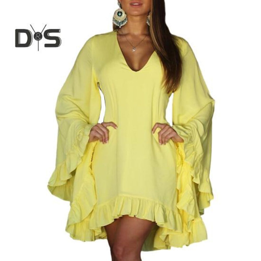 (yellow, XL) Women V neck Flared Long Sleeve Mini Dress Solid Color Irregular Ruffle Hem Solid Color Casual Short Vacation Dress